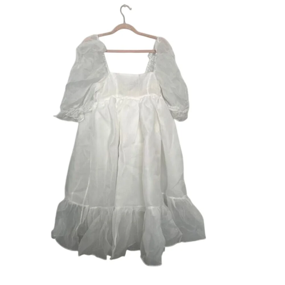 OPT White Puff Sleeve Midi Dress Square Neck Romantic‎ Summer Wedding